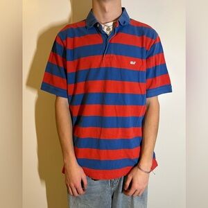 Vintage Vineyard Vines Men's Red and Blue Striped Polo Shirt